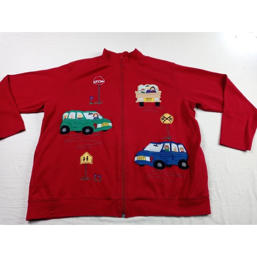 Mom's Taxi Large Zipper Jacket Sweatshirt Red Bechamel  Embroidered Sz L Cotton.